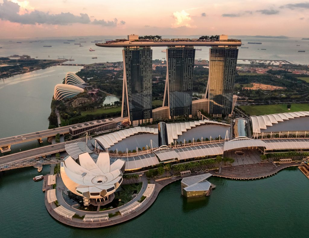 Aerial view of Marina Bay Sands and the Singapore waterfront at sunset