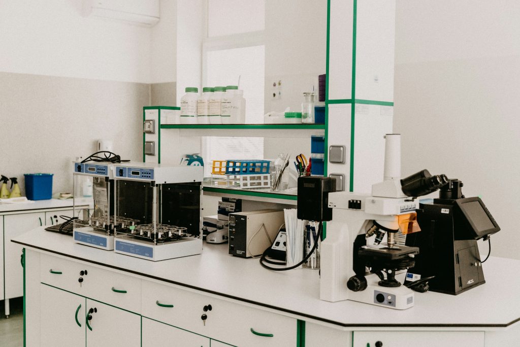 Laboratory workbench with a microscope and analytical equipment